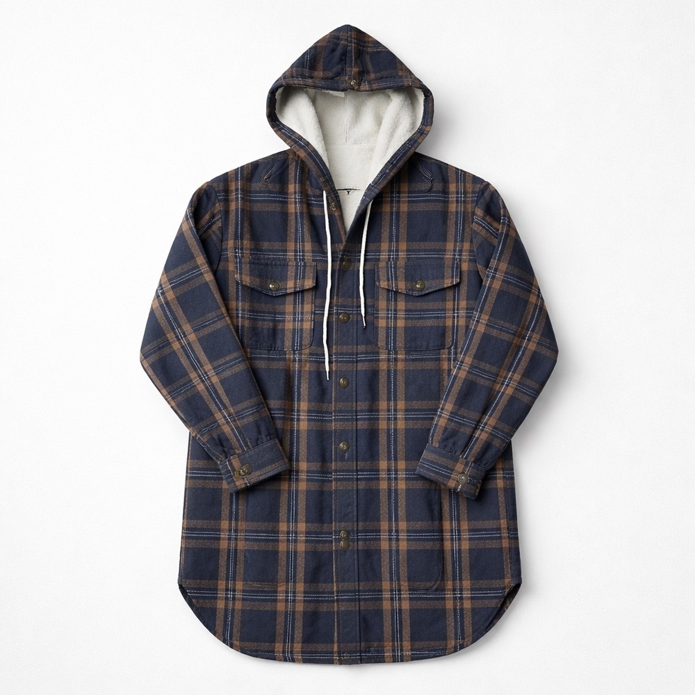 Helix Shacket Navy and Tan Plaid Hooded Jacket